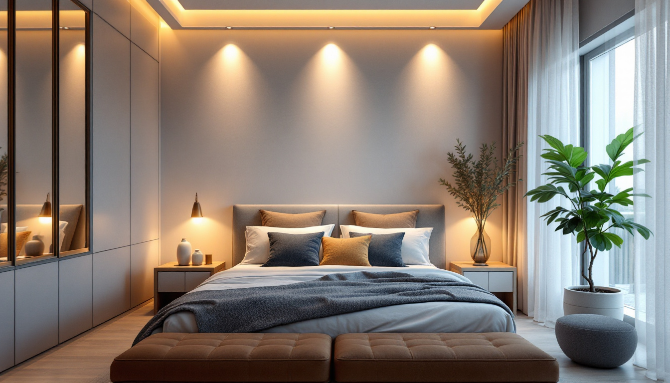 A photograph of a beautifully designed bedroom featuring stylish recessed lighting