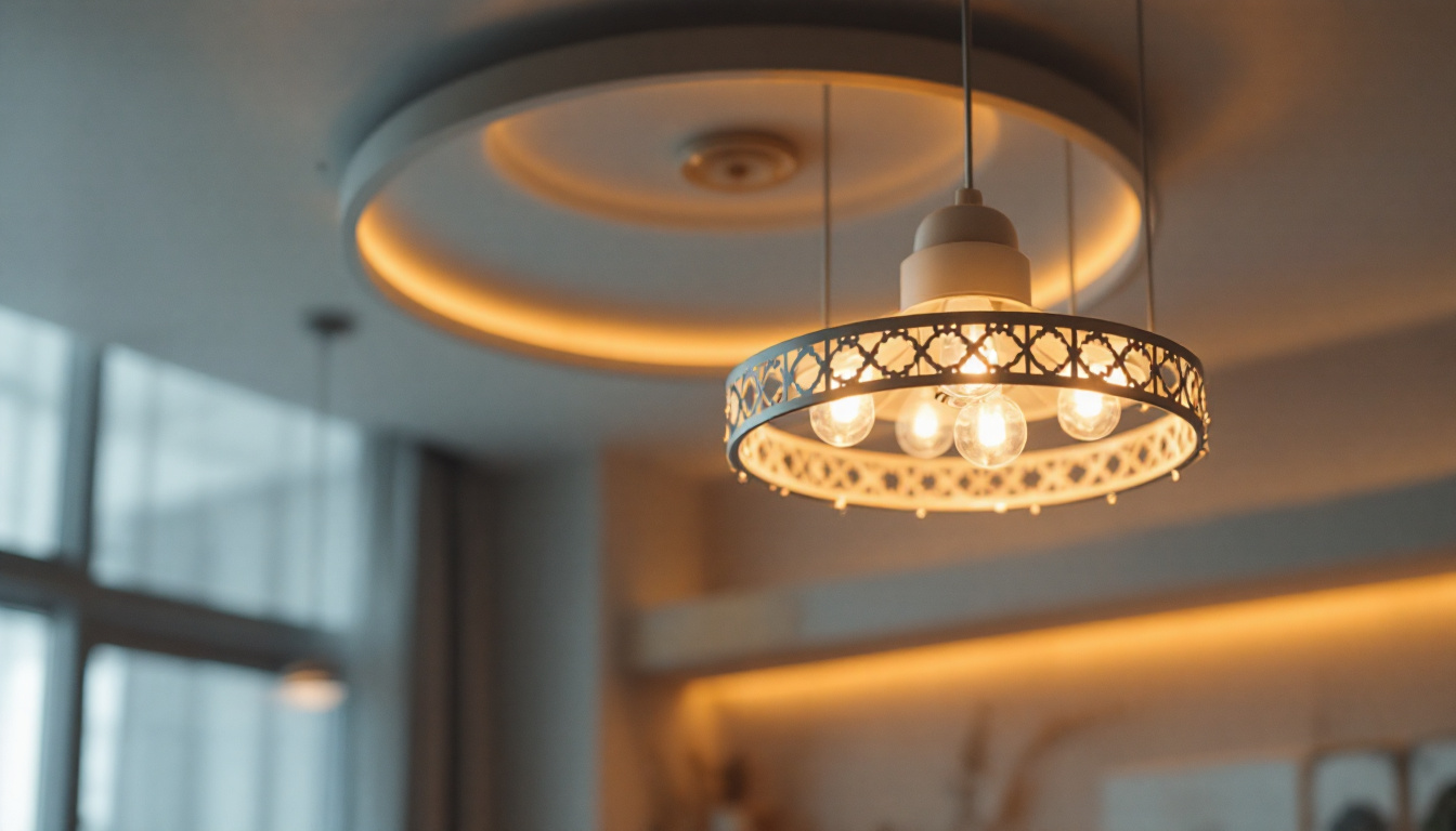 A photograph of a beautifully designed ceiling light fixture in a well-lit room