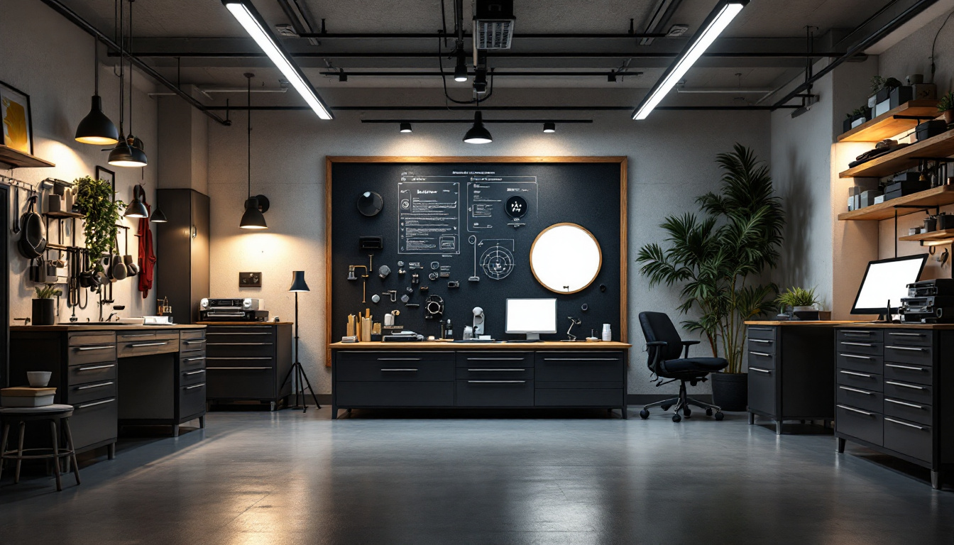 A photograph of a well-lit garage showcasing various types of lighting fixtures