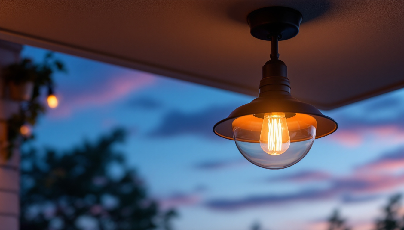 A photograph of an elegant outdoor ceiling light fixture installed on a porch or patio