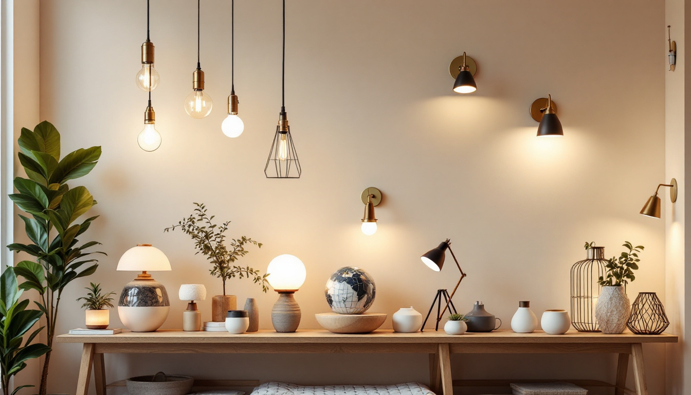 A photograph of a beautifully arranged display of various lighting fixtures—such as pendant lights