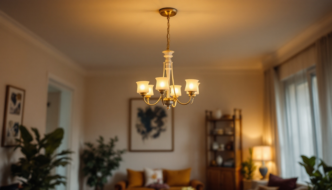 A photograph of a stylish semi-flush chandelier elegantly illuminated in a well-decorated room