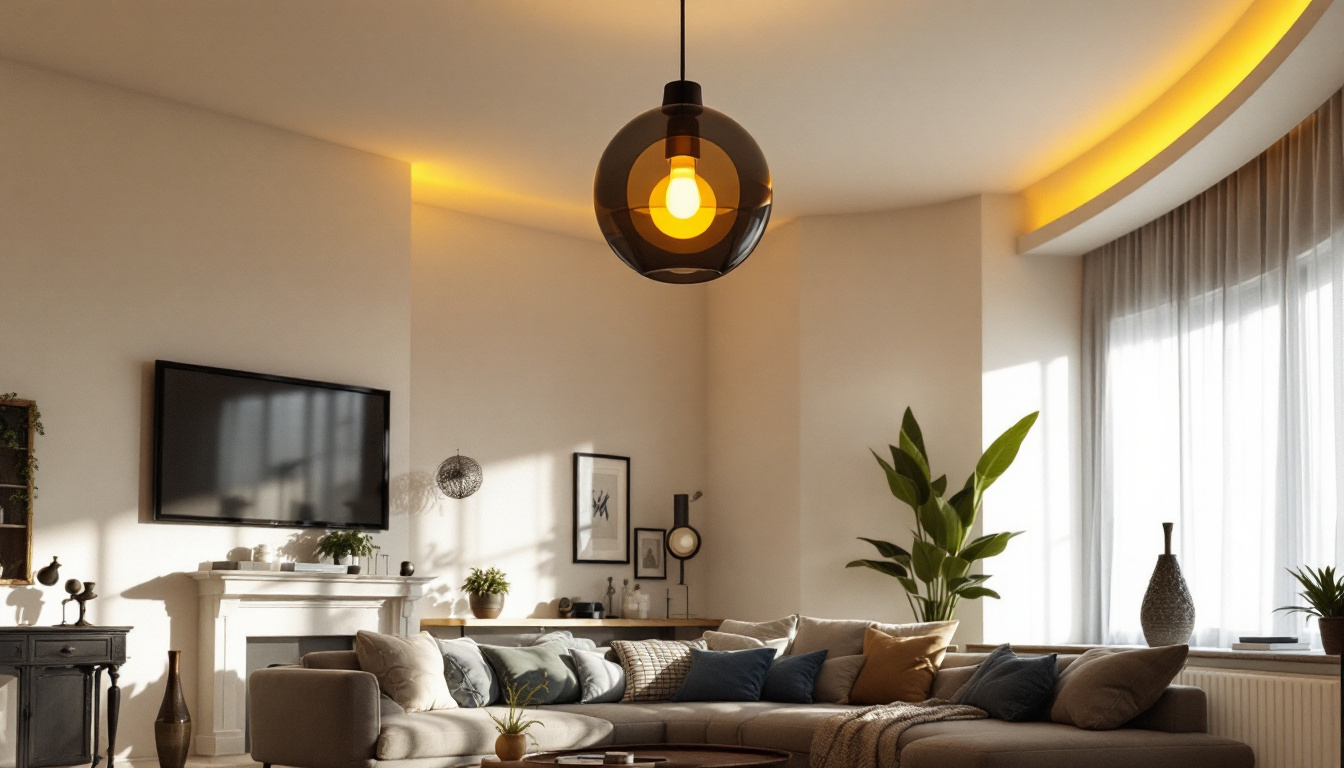 A photograph of a stylish living room featuring a striking ceiling lamp that elegantly illuminates the space