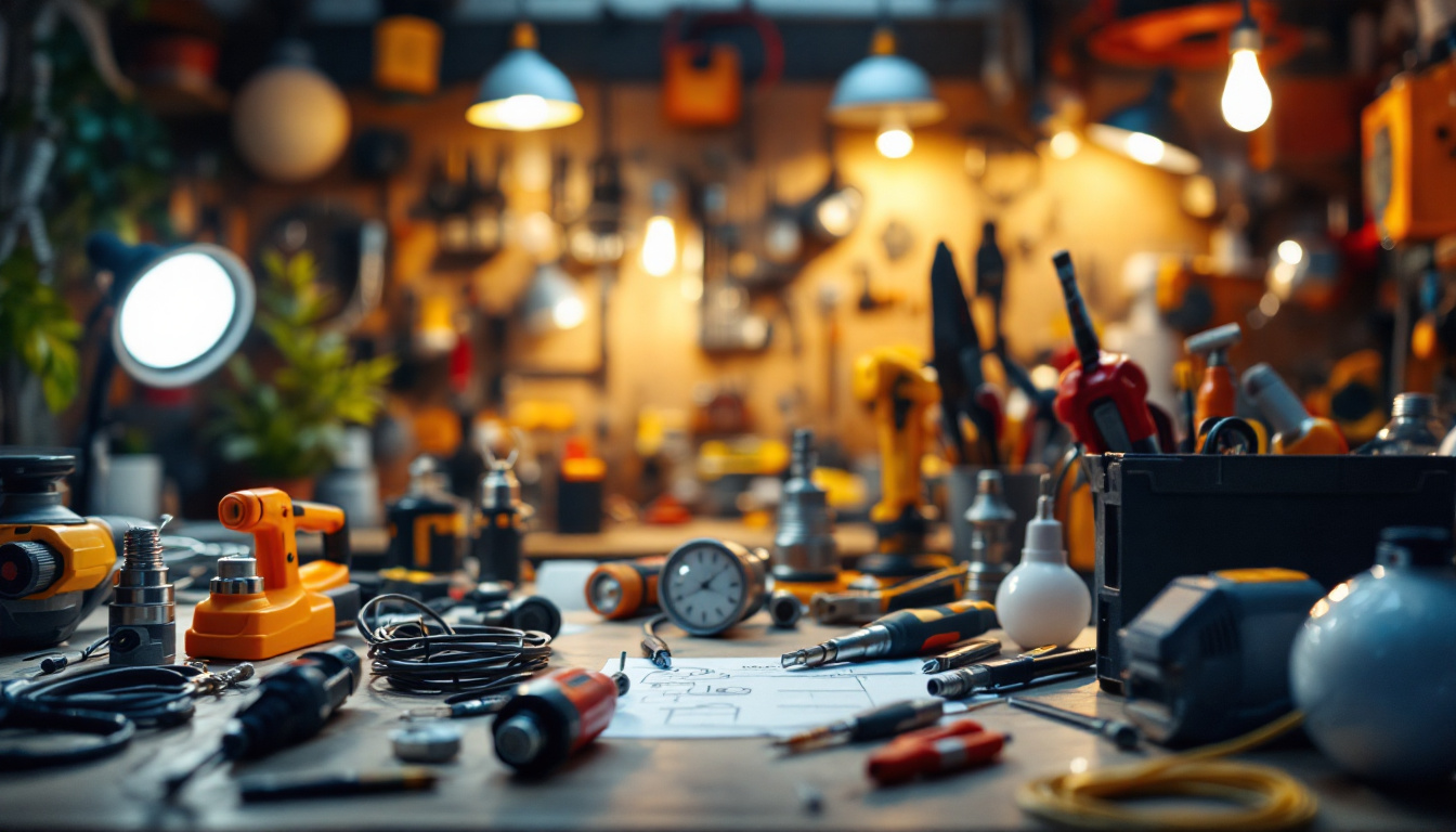 A photograph of a well-lit workspace featuring a variety of electrical tools