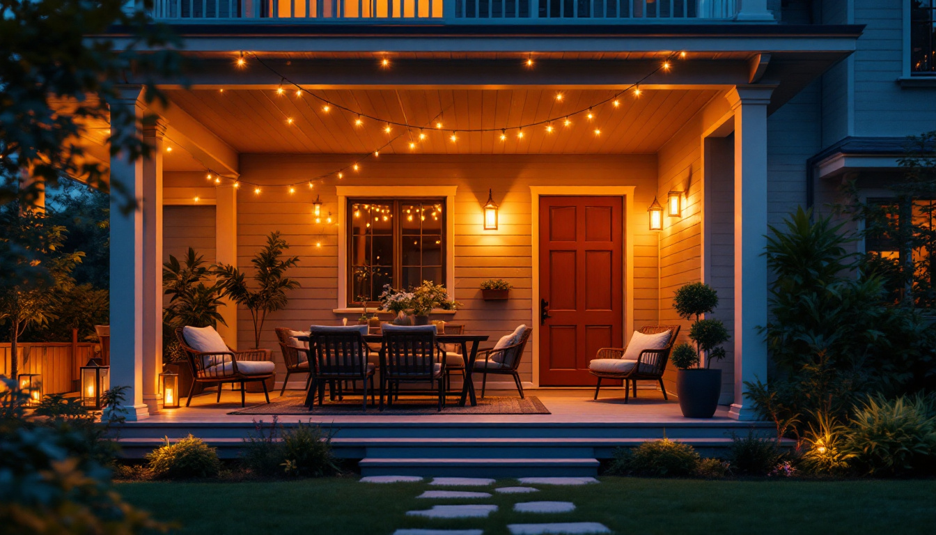 A photograph of a beautifully illuminated outdoor porch featuring stylish lighting fixtures that enhance the ambiance