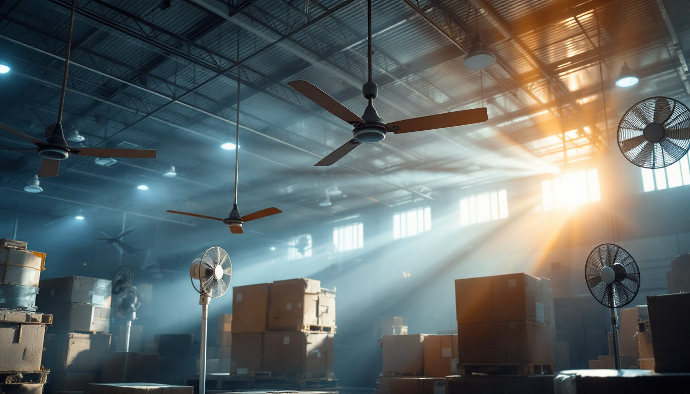 A photograph of a well-lit warehouse interior showcasing various types of fans in operation