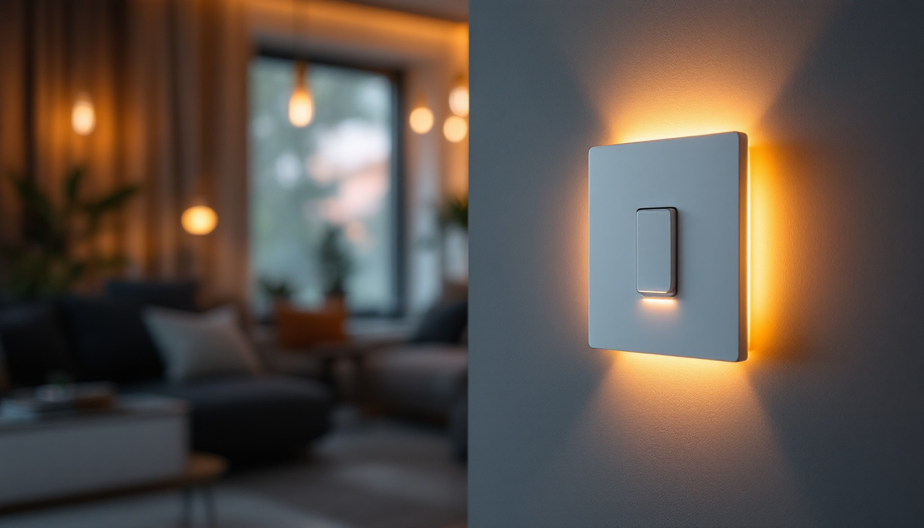 A photograph of a modern led dimming light switch in an aesthetically pleasing interior setting