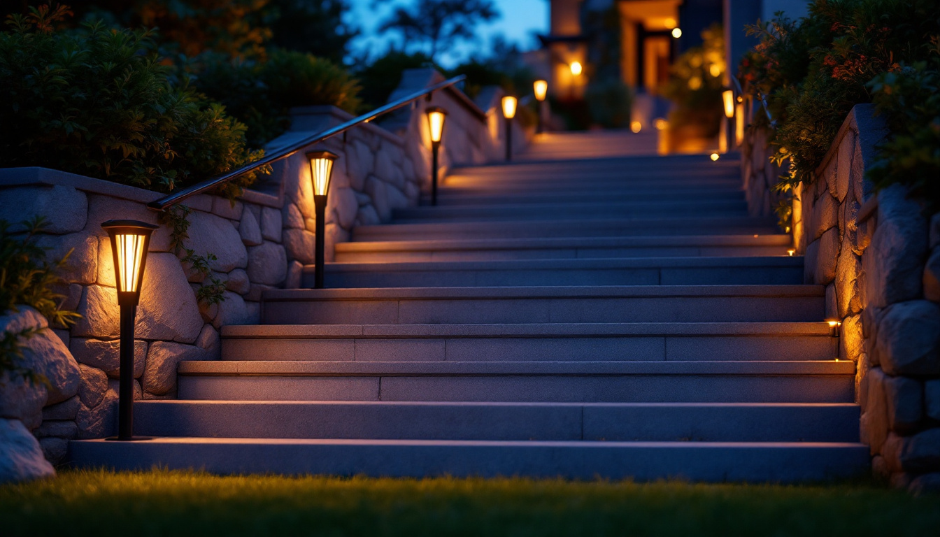 A photograph of capture a photograph of a beautifully illuminated outdoor staircase at dusk