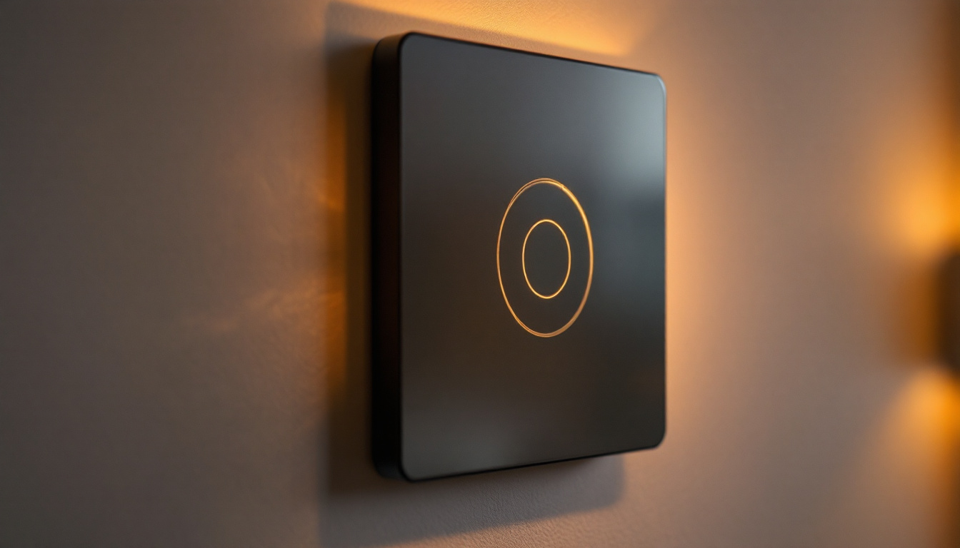 A photograph of a close-up shot of an illuminated light switch in a stylish interior setting