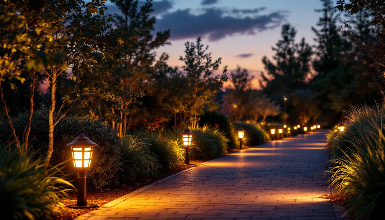 A photograph of a beautifully illuminated outdoor pathway at dusk