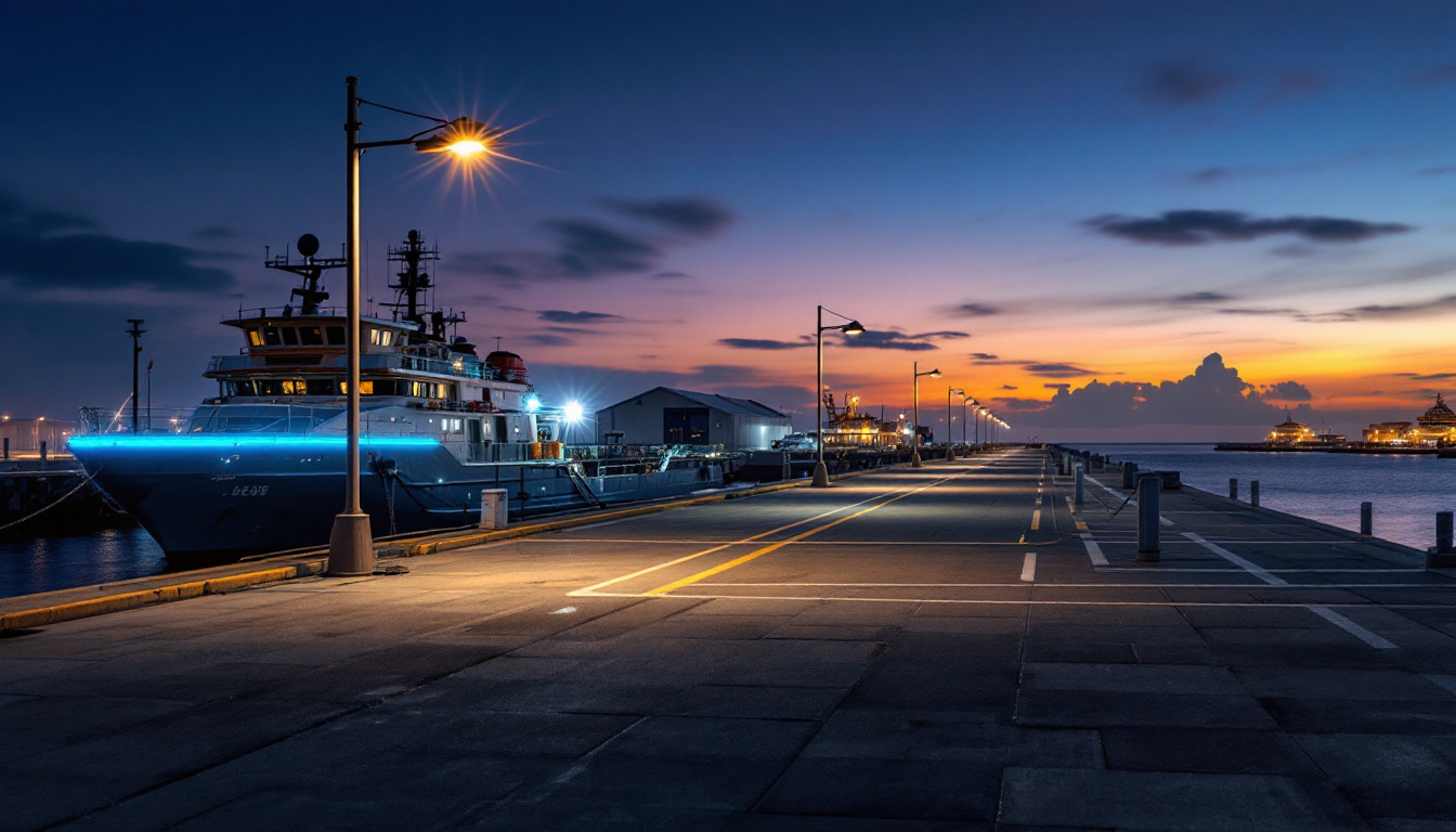 A photograph of a modern dock illuminated by upgraded lighting infrastructure