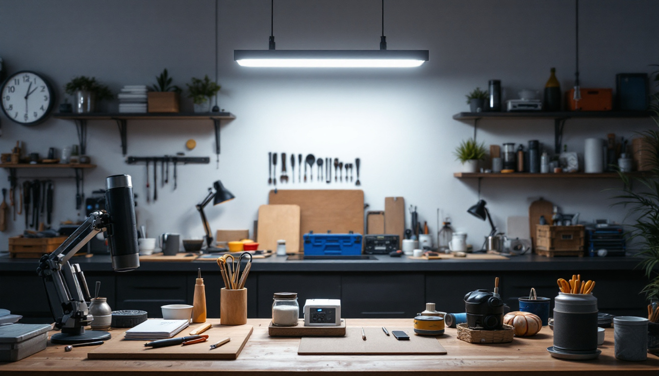 A photograph of a well-lit workspace featuring a 4-foot led shop light in action