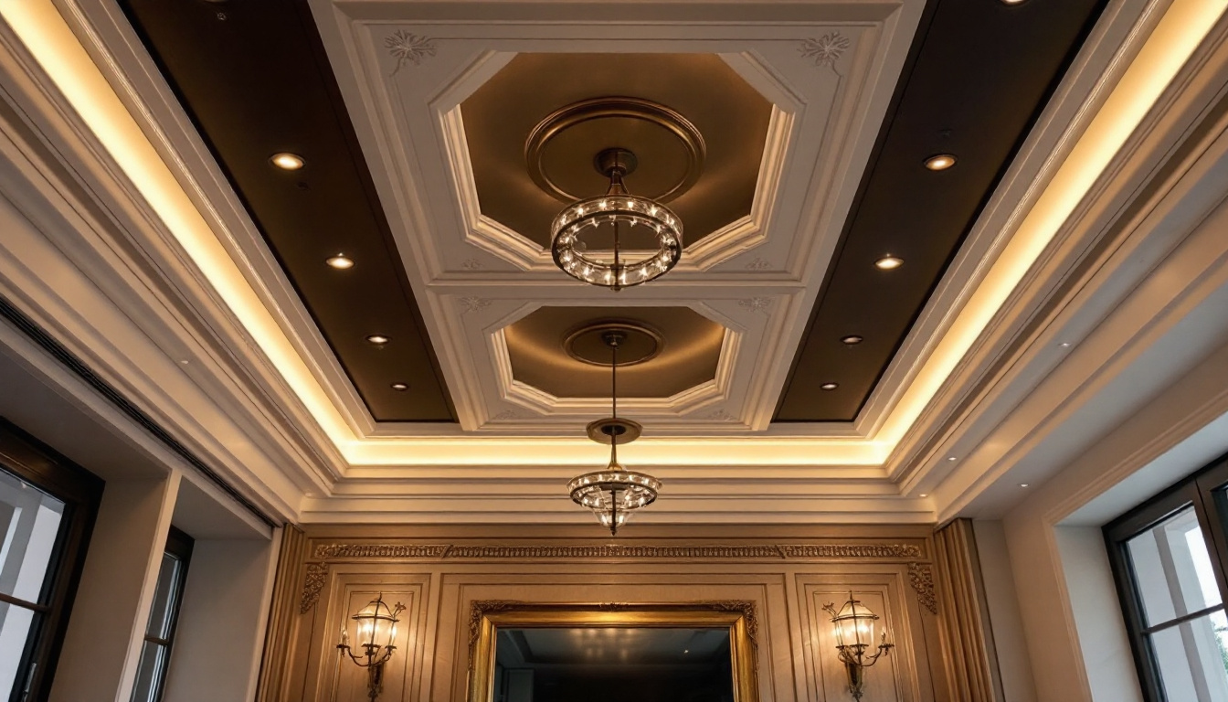 A photograph of a beautifully designed recessed ceiling featuring elegant lighting fixtures