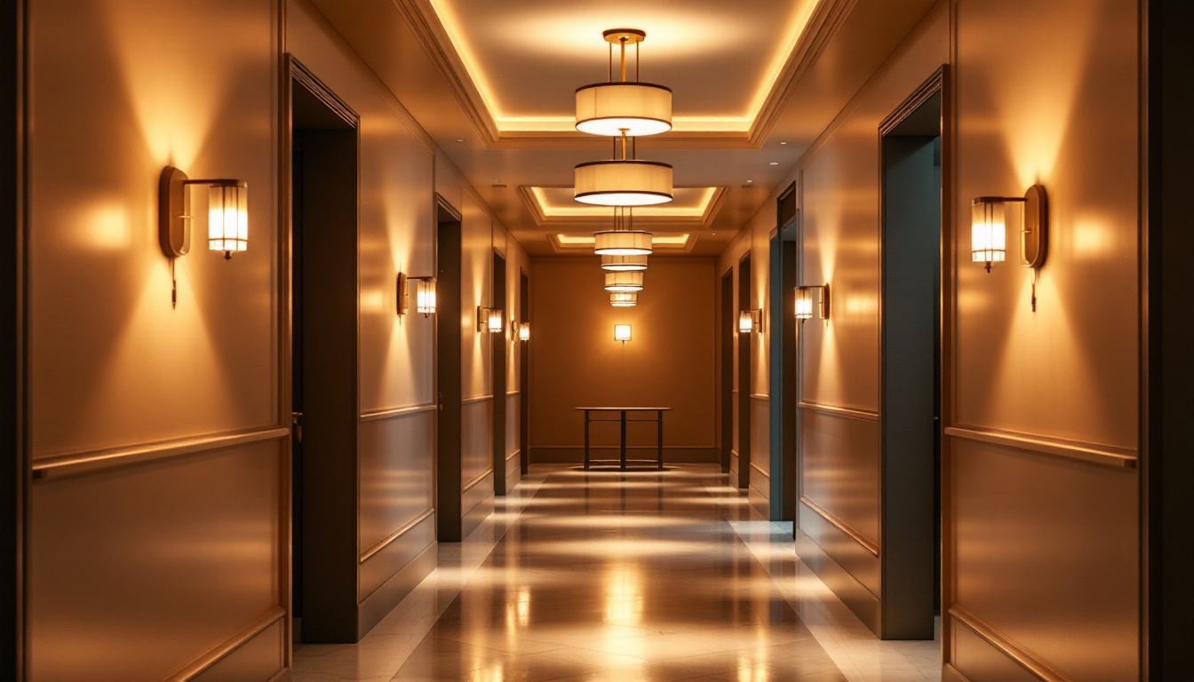 A photograph of a beautifully designed hallway illuminated by stylish ceiling lamps