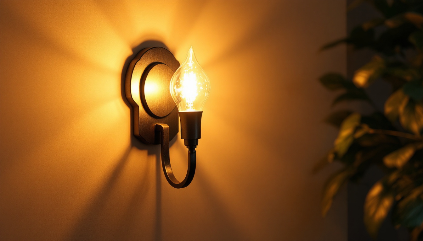 A photograph of a beautifully designed wall sconce illuminated in a cozy interior setting