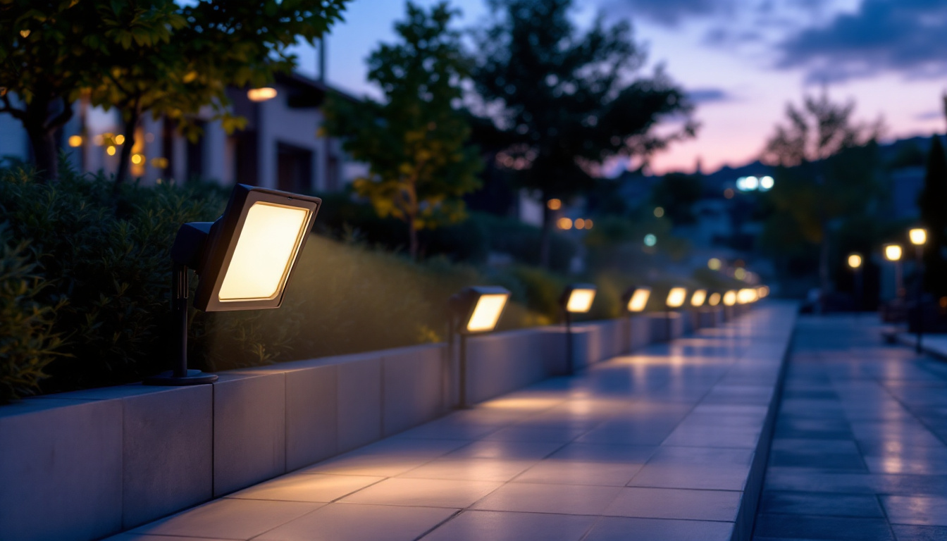 A photograph of capture a photograph of a beautifully illuminated outdoor space featuring various flood light fixtures in action