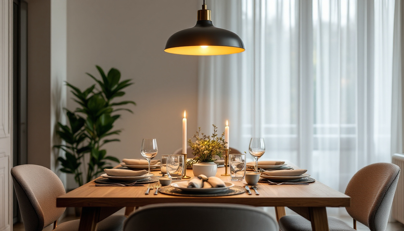 A photograph of a beautifully set dining room featuring an elegant ceiling lamp that highlights the table setting