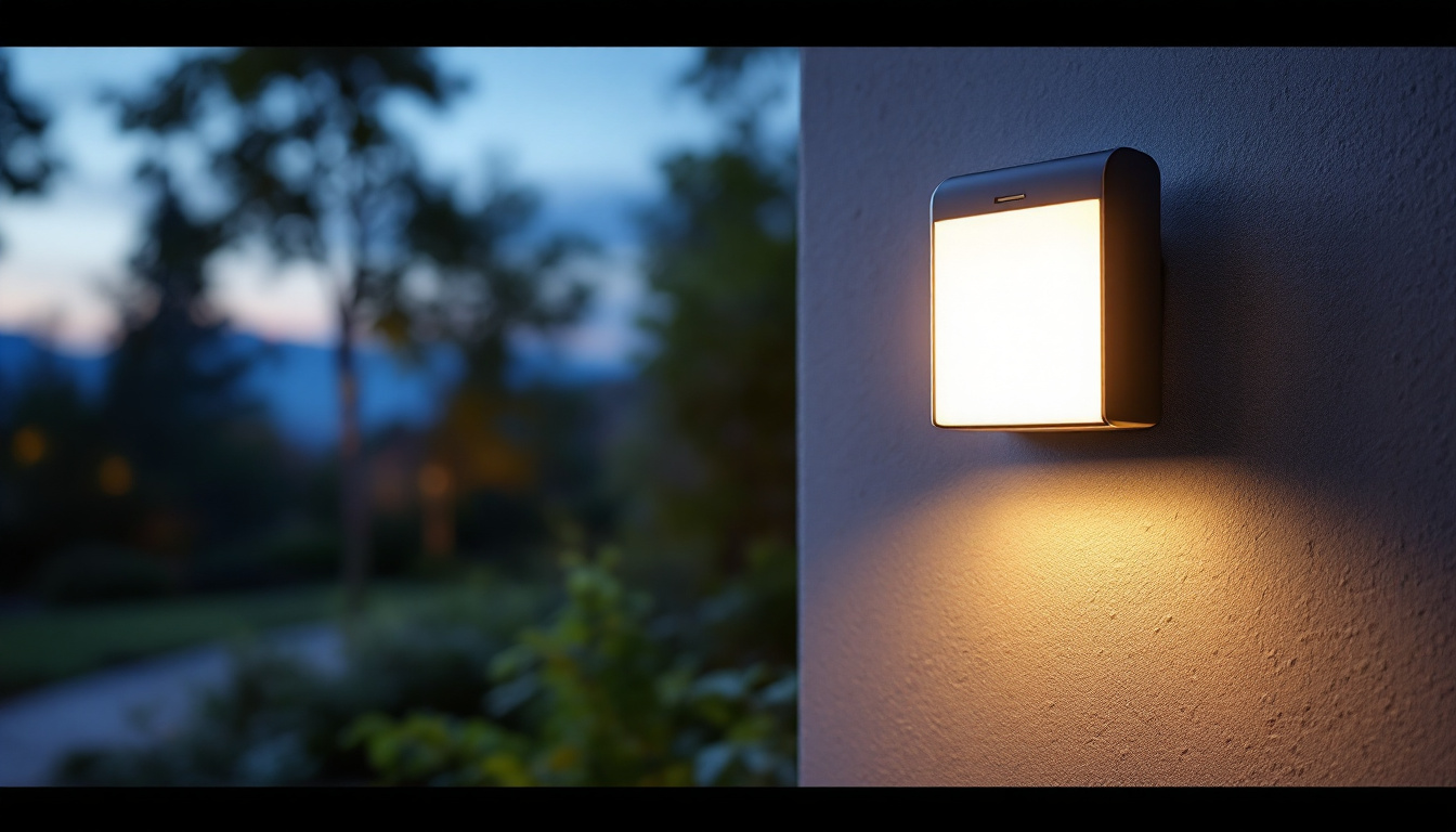 A photograph of capture a photograph of a well-lit outdoor area featuring a stylish exterior motion detector light in action
