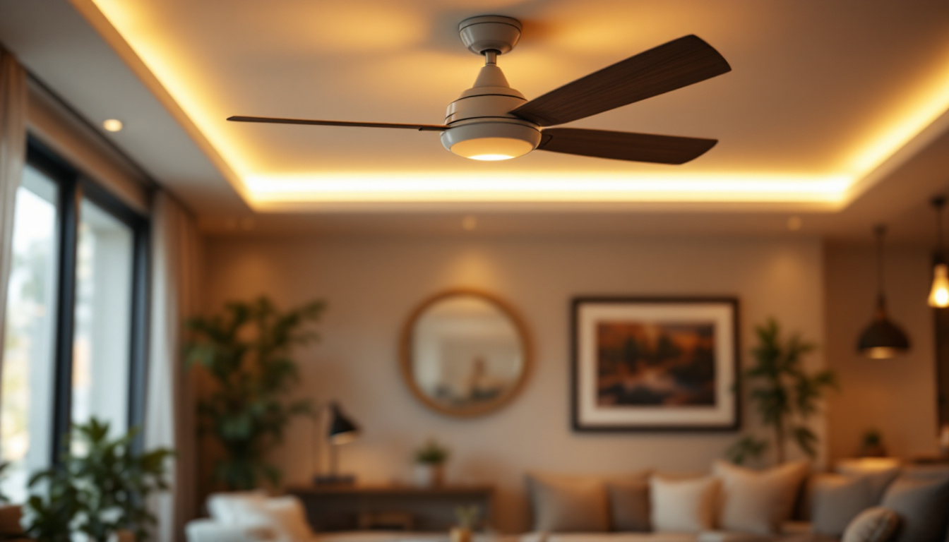 A photograph of a stylish ceiling fan with integrated lighting