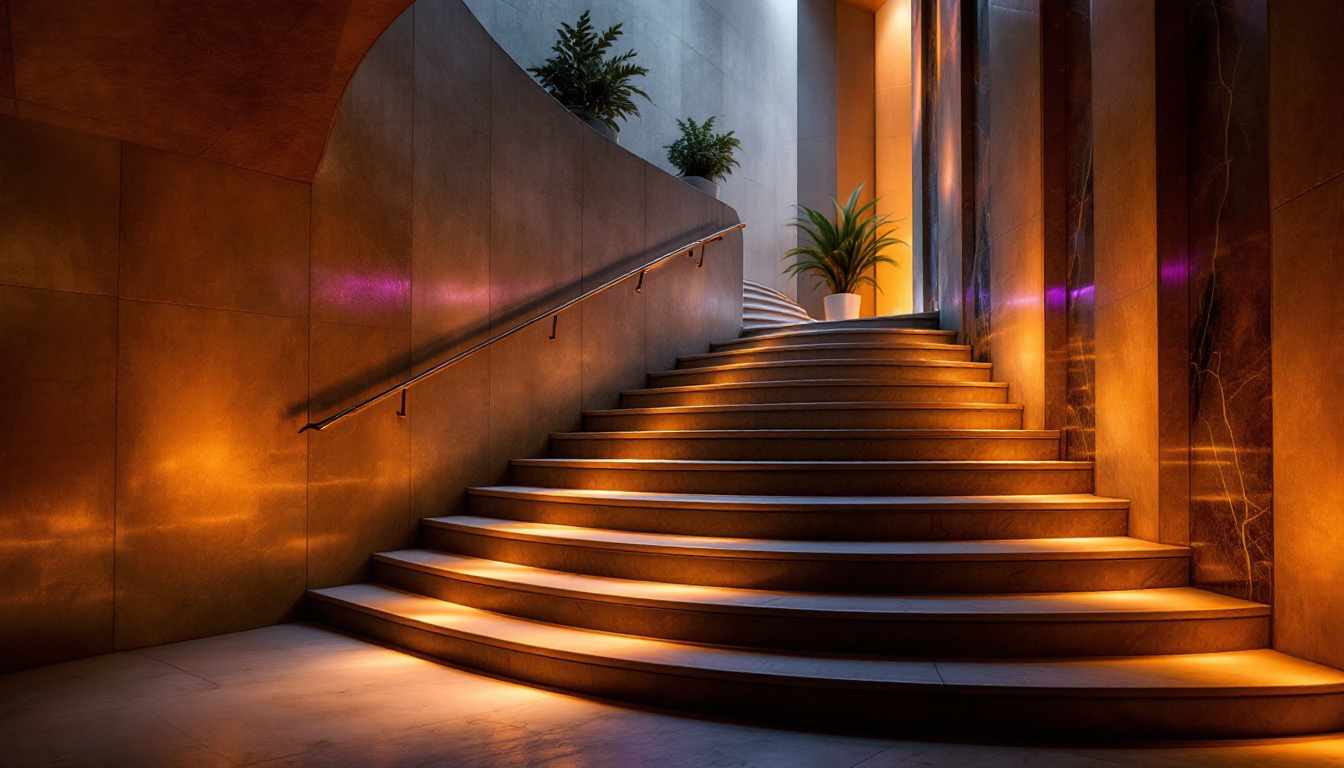 A photograph of a beautifully designed staircase illuminated by warm