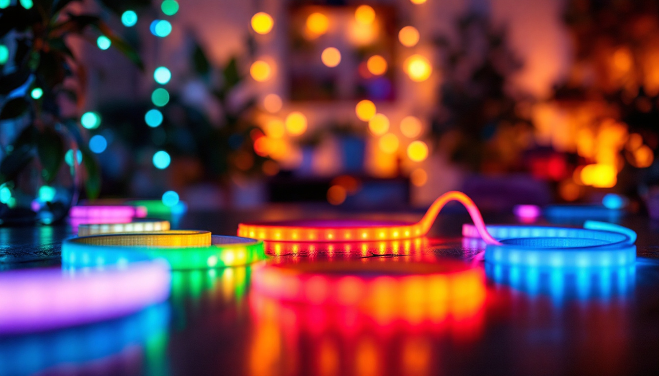 A photograph of capture a photograph of a beautifully illuminated space showcasing vibrant 12-volt led tape lights in various settings