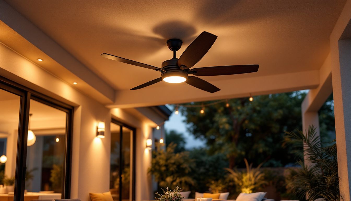 A photograph of a beautifully designed large outdoor ceiling fan installed in a stylish outdoor space