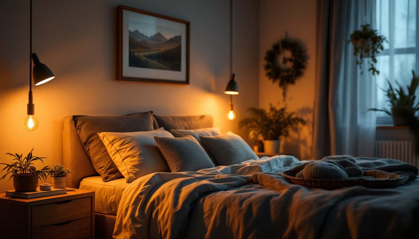 A photograph of a beautifully lit bedroom featuring stylish can lights