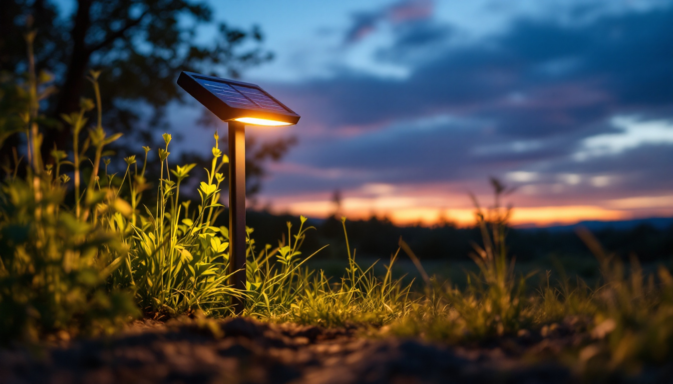 A photograph of a solar dusk-to-dawn light illuminating a serene outdoor scene at twilight