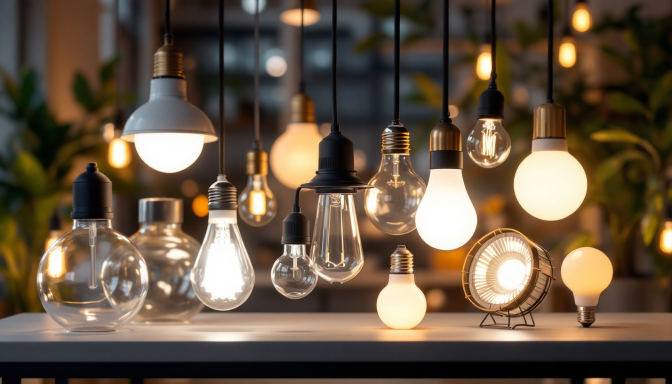 A photograph of a stylishly arranged display of various track light bulbs in different shapes and sizes
