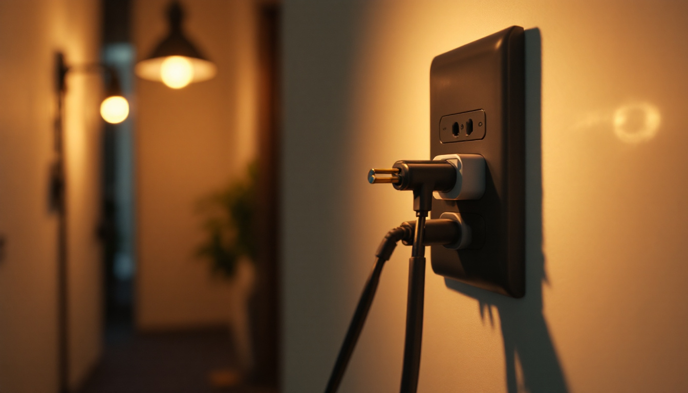 A photograph of a well-lit room featuring a quad outlet in use
