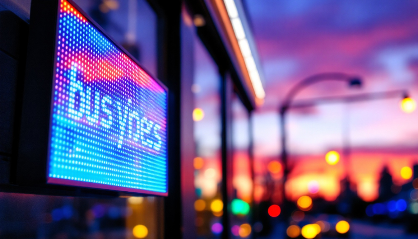 A photograph of a vibrant led business sign illuminated at dusk