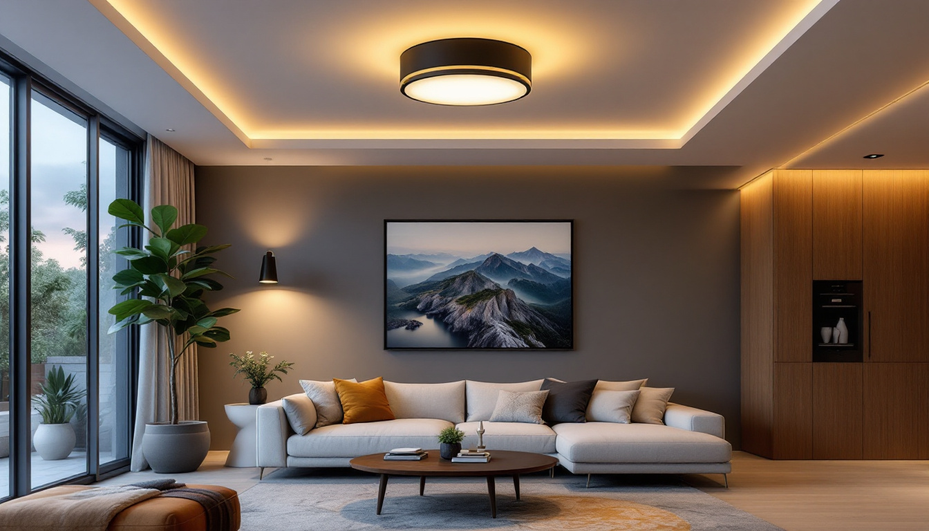 A photograph of a stylish flush mount light fixture installed in a modern living space