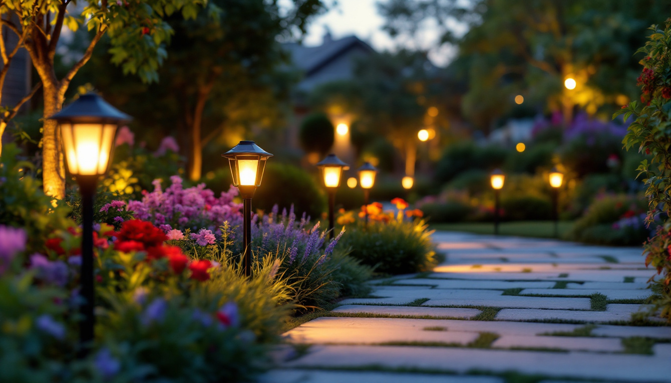 A photograph of a beautifully landscaped garden at dusk
