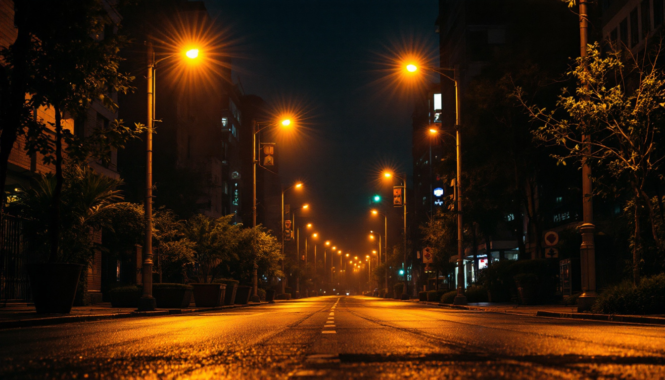 A photograph of a vibrant urban nighttime scene illuminated by high pressure sodium lights