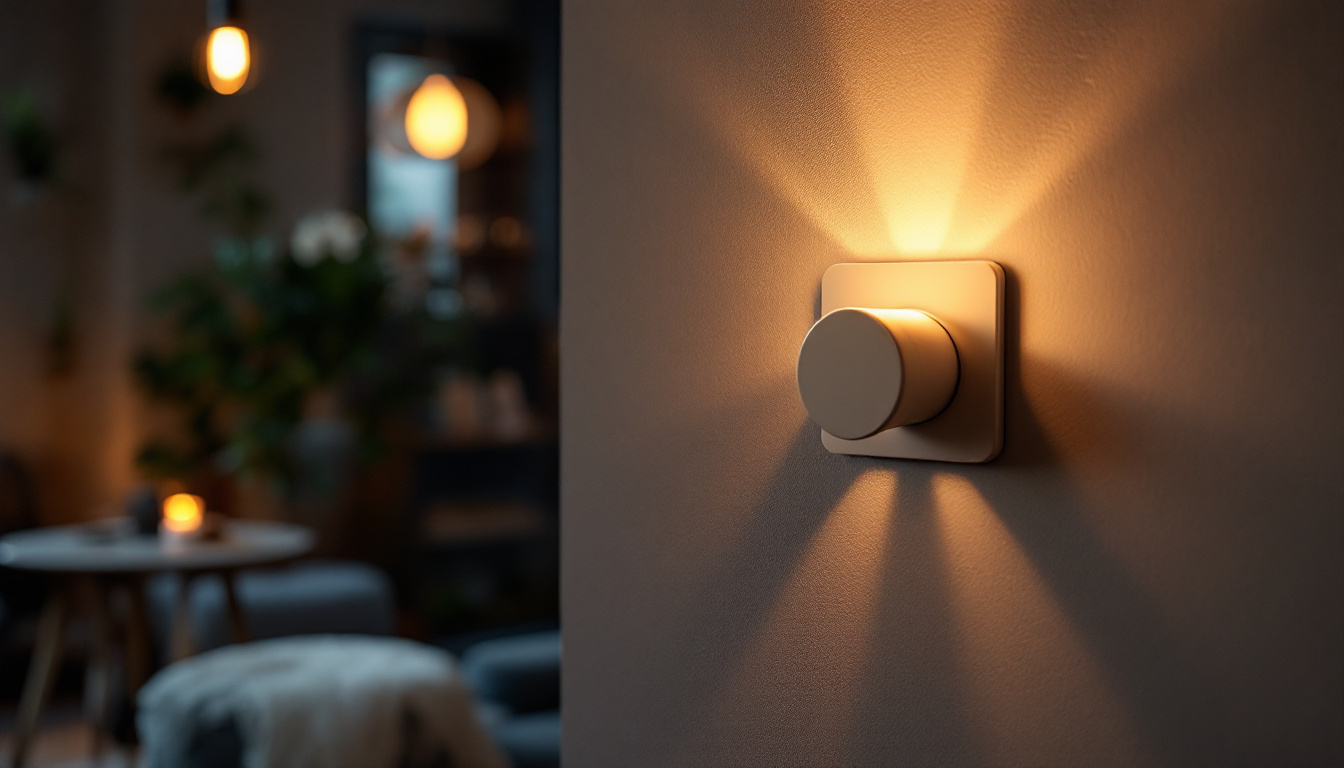 A photograph of a cozy interior scene featuring a stylish light dimmer switch in action