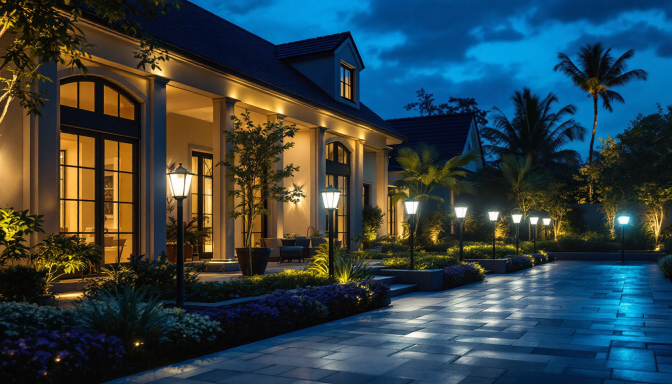 A photograph of a beautifully illuminated outdoor space featuring various types of flood lights in action