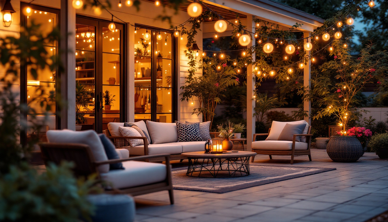 A photograph of a cozy patio scene illuminated by a warm glow of string lights