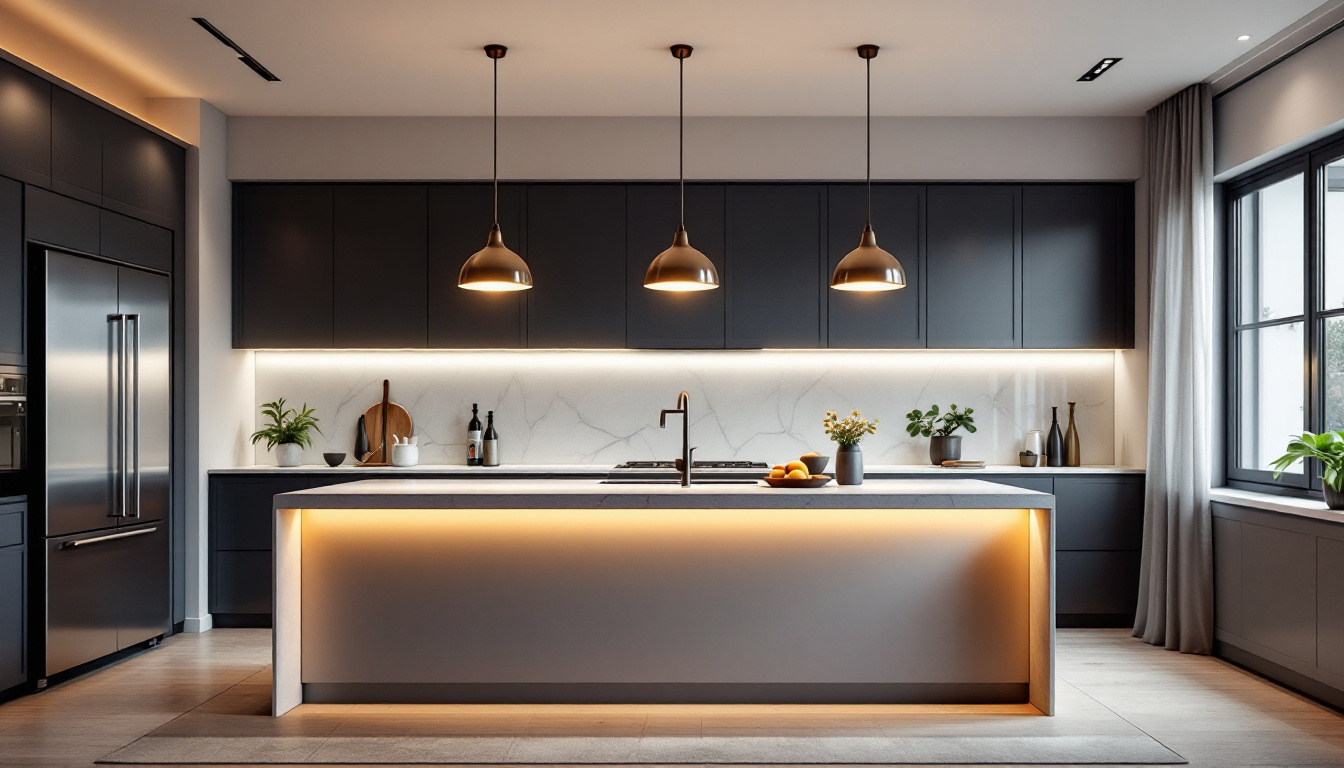 A photograph of a beautifully designed kitchen or dining area featuring stylish island lights that highlight the space