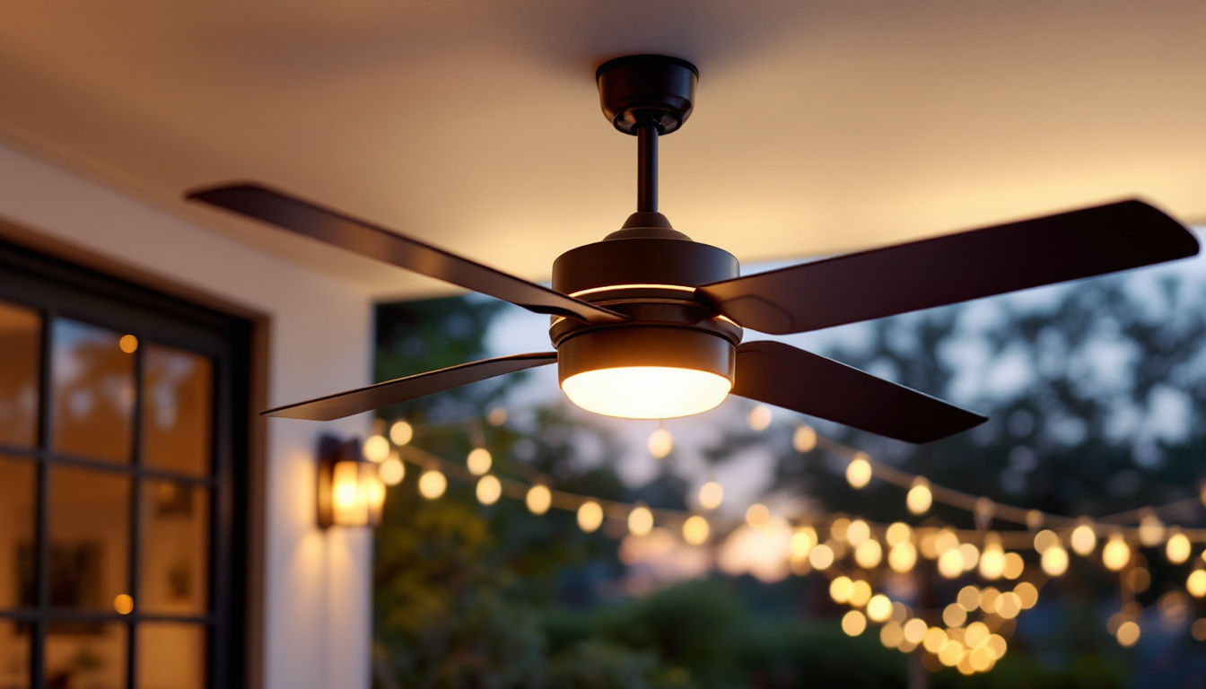 A photograph of a stylish outdoor ceiling fan with integrated lighting