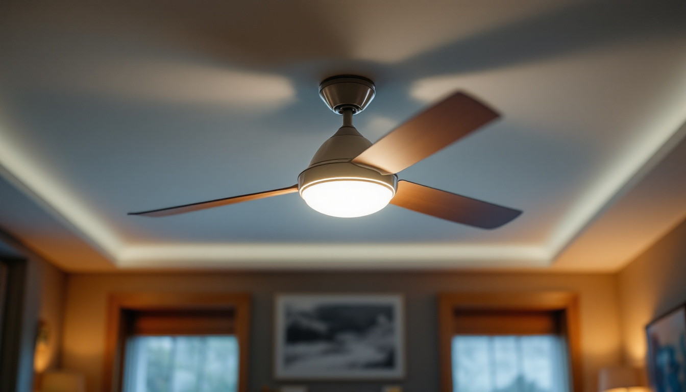 A photograph of a stylish ceiling fan in a well-lit room