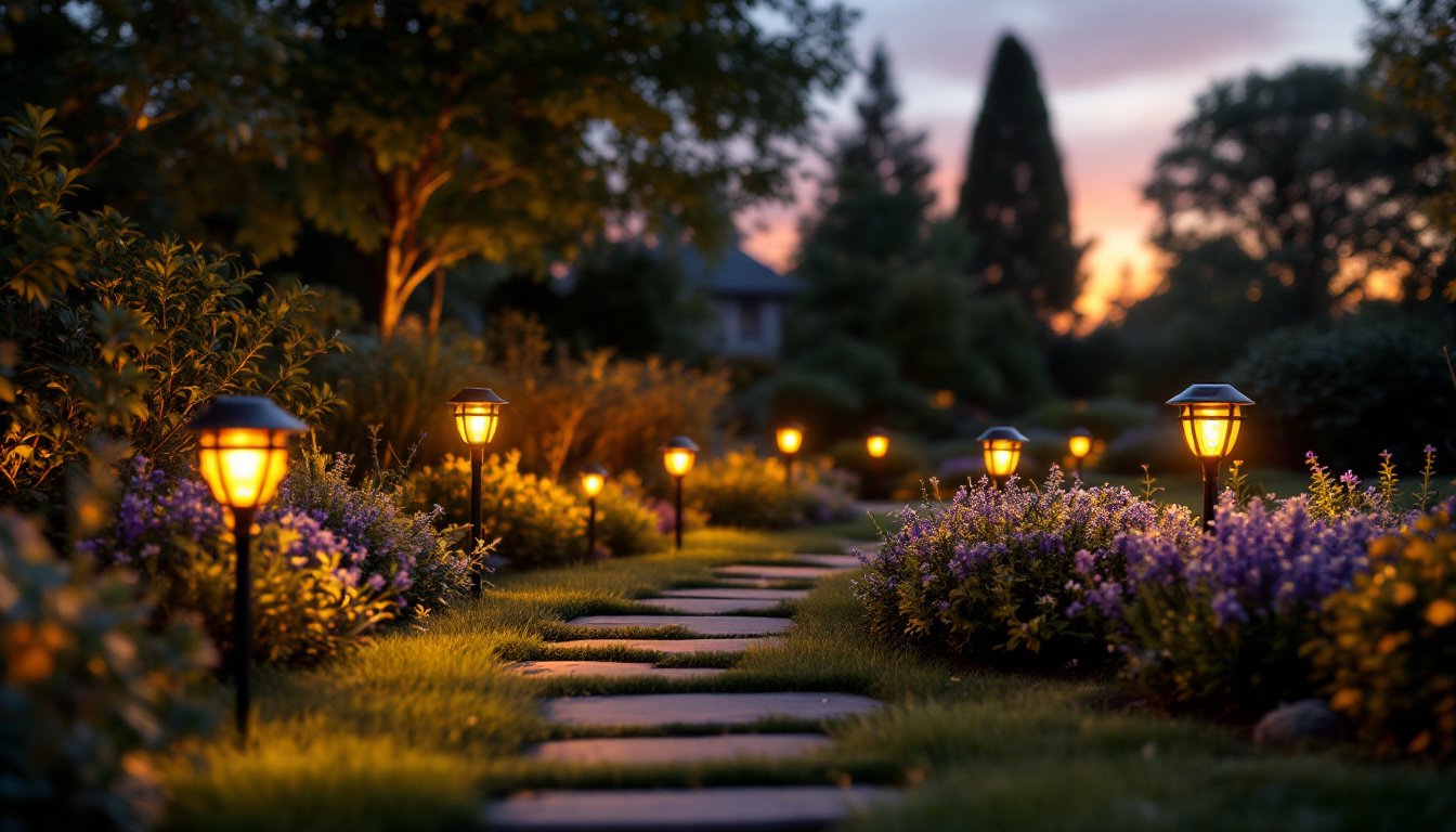 A photograph of a beautifully illuminated garden at dusk