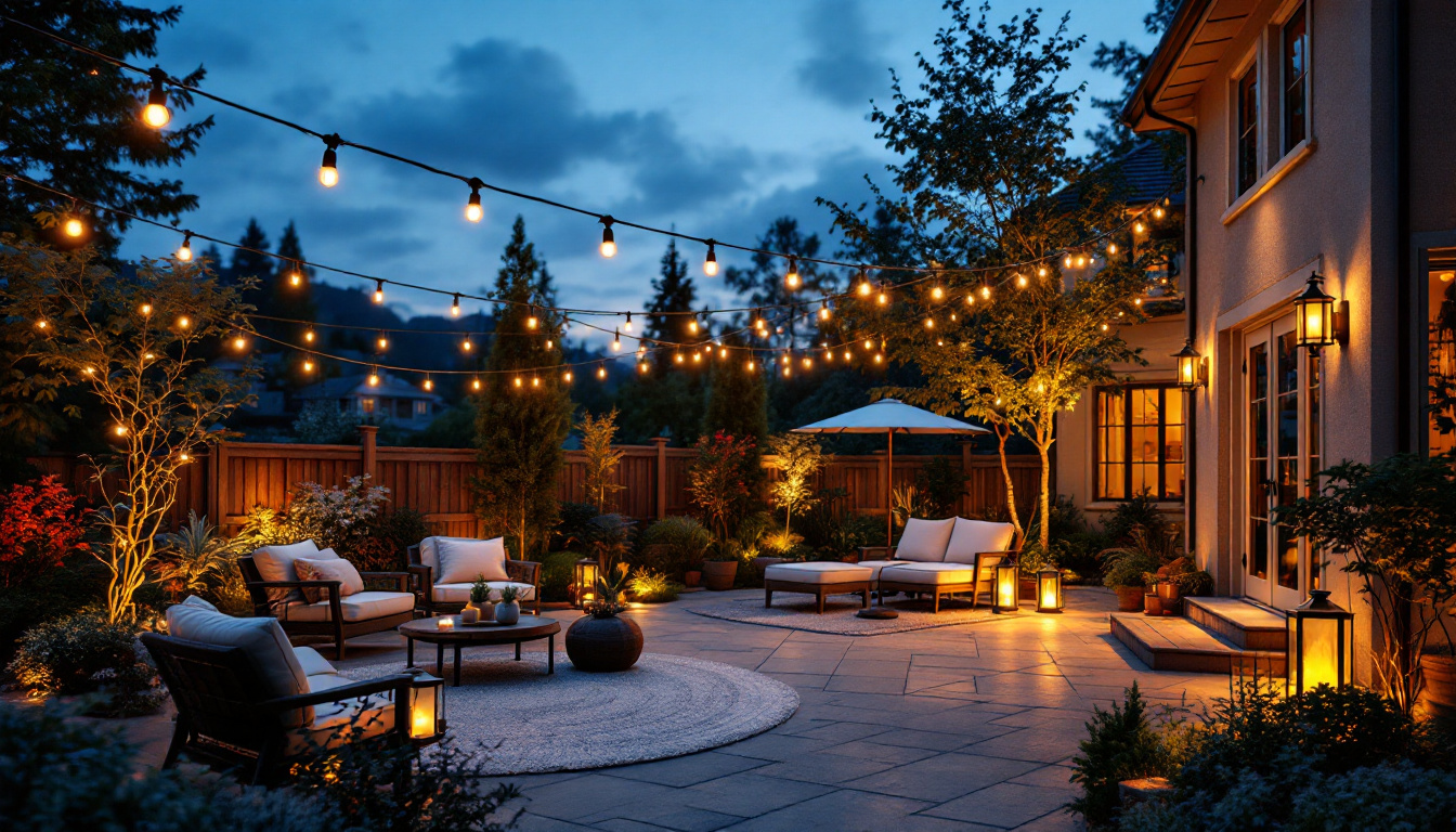 A photograph of a beautifully illuminated patio at dusk