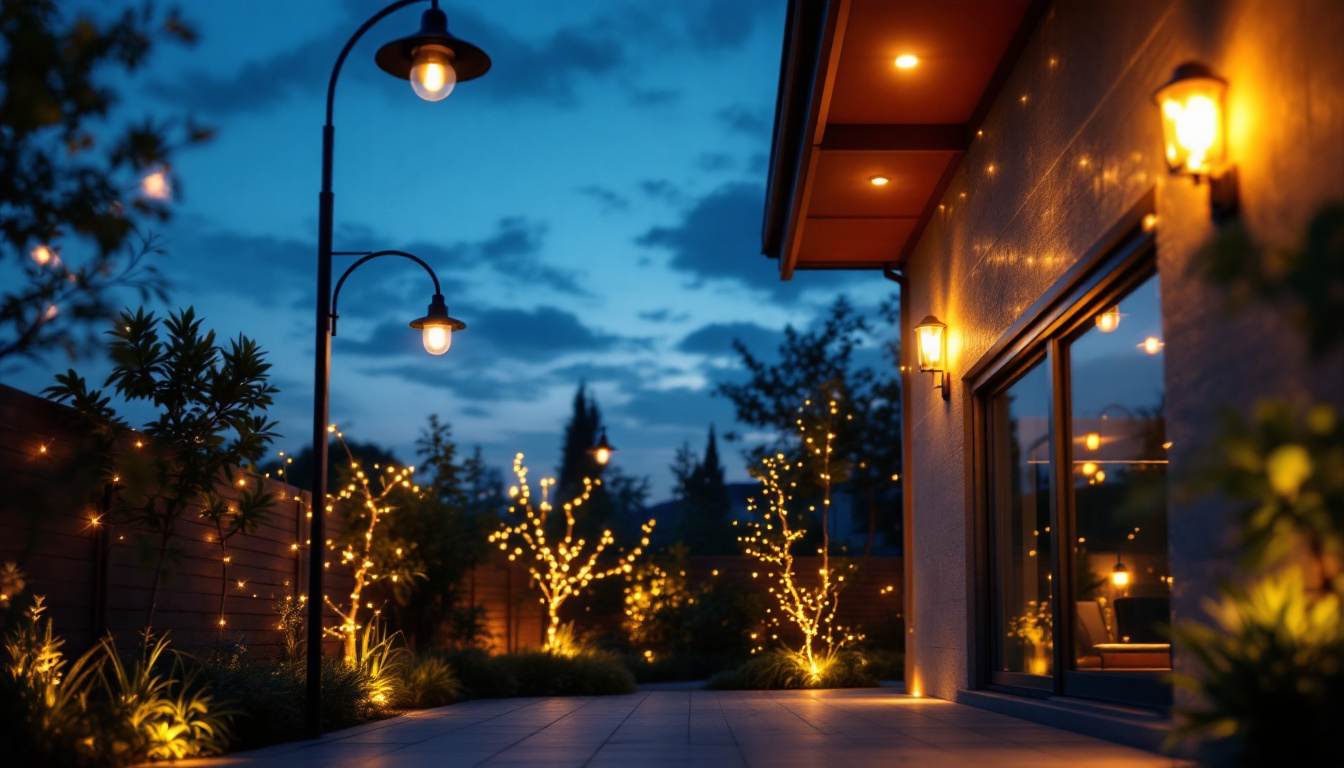 A photograph of capture a photograph of a beautifully illuminated outdoor space featuring various led light fixtures