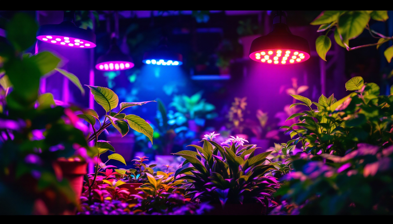 A photograph of a vibrant indoor garden illuminated by various led plant lights