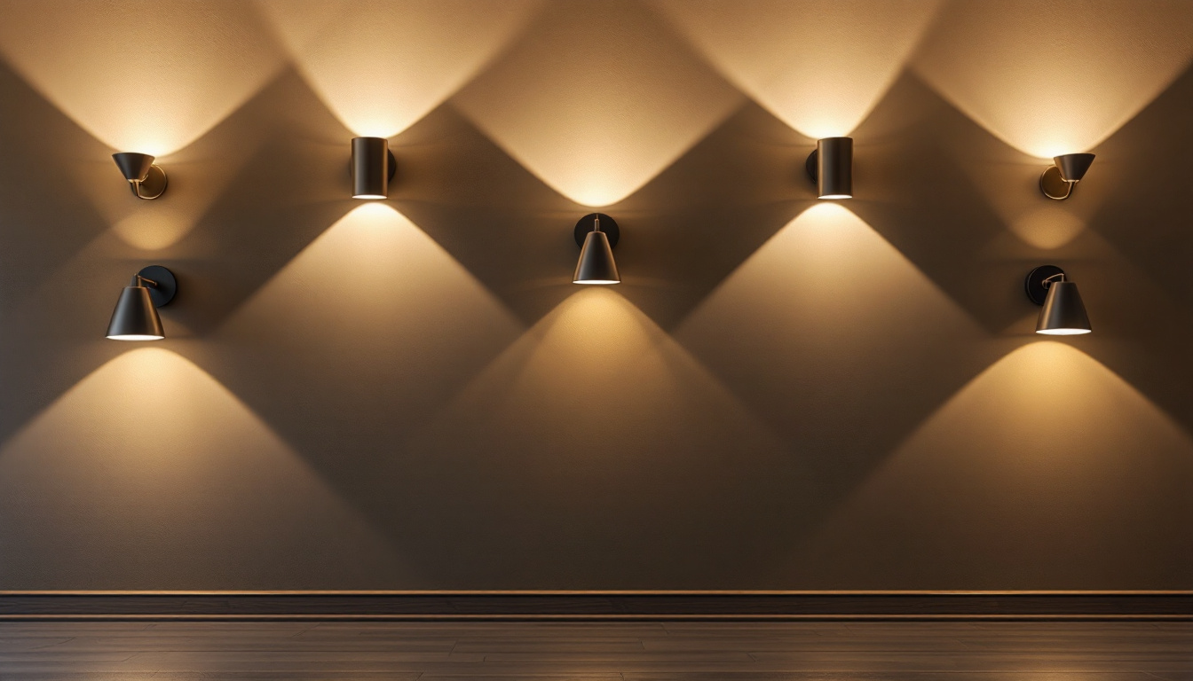 A photograph of a stylishly designed wall with various light fixtures illuminating the space