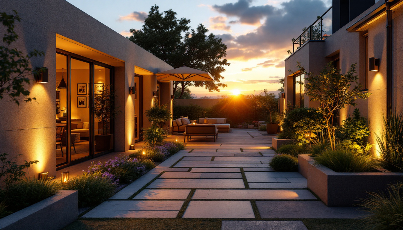 A photograph of a beautifully designed outdoor space illuminated by sunpark lighting