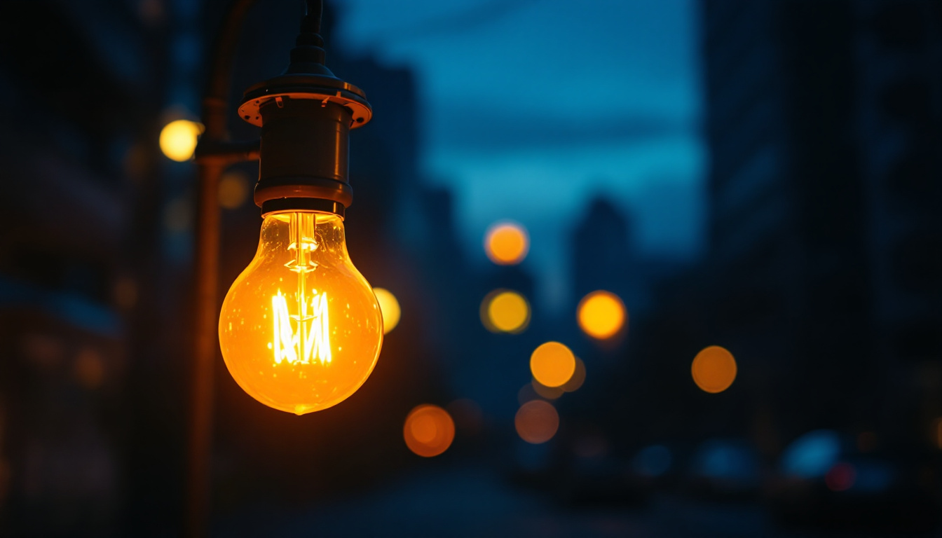 A photograph of a glowing sodium bulb in a nighttime urban setting