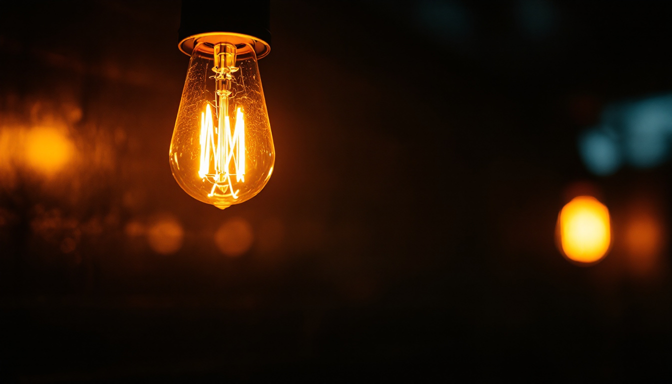 A photograph of a glowing t12 bulb in a dimly lit environment