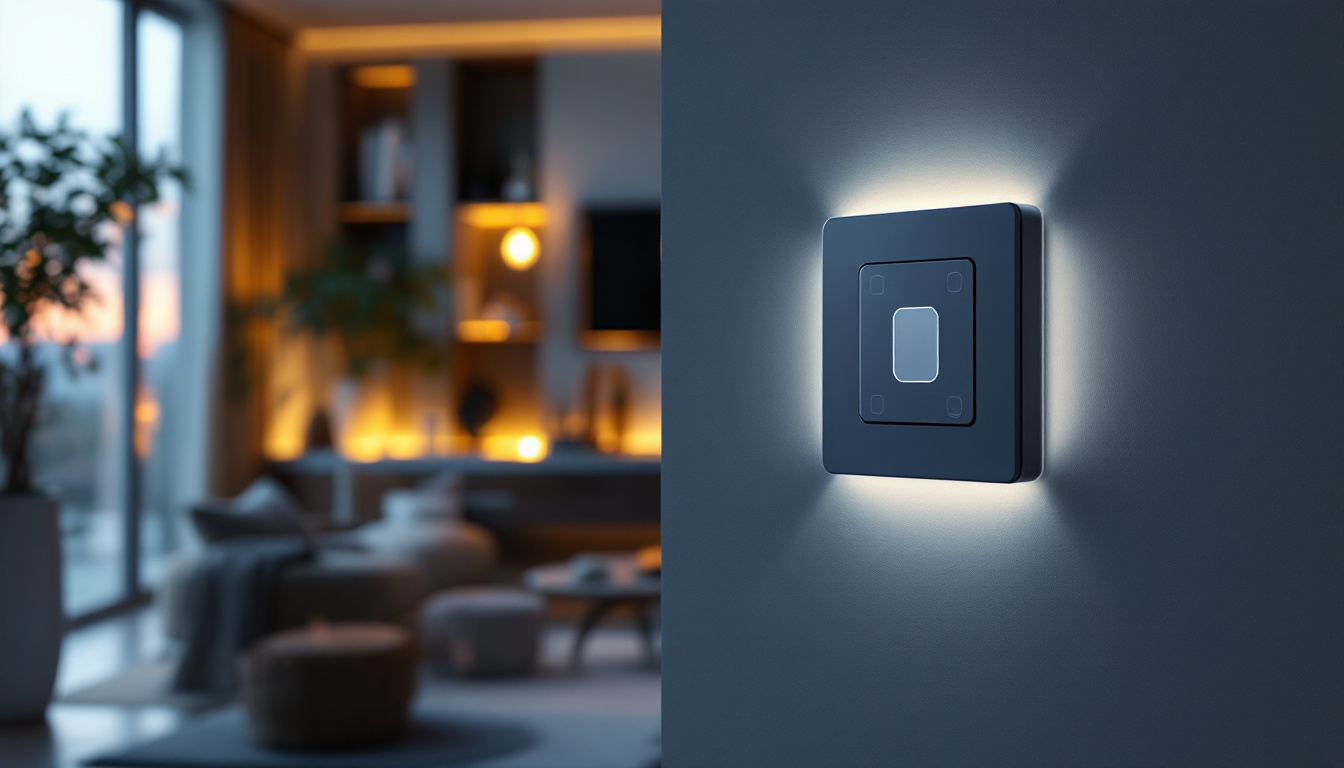 A photograph of a modern smart home switch in an elegantly designed living space
