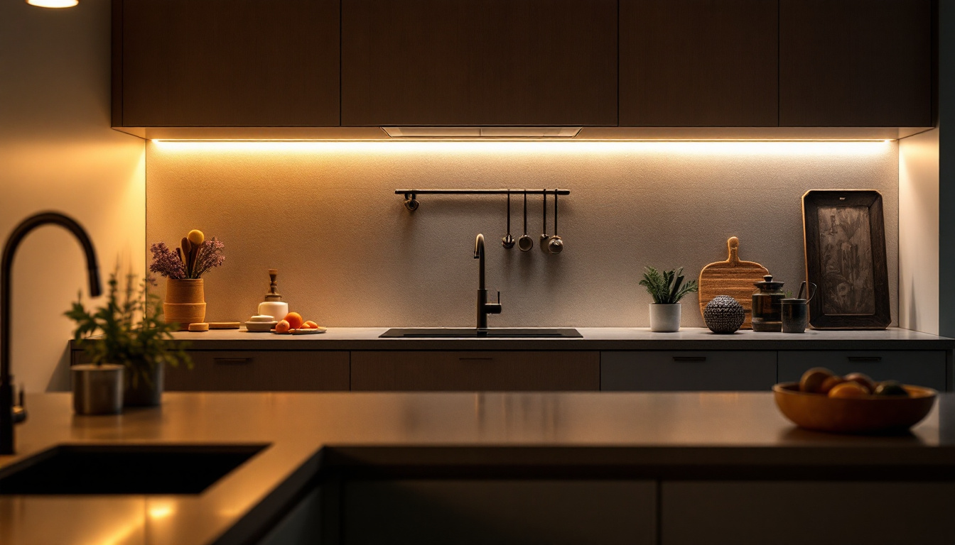A photograph of a beautifully illuminated kitchen scene featuring stylish undercabinet lighting that enhances the countertop workspace